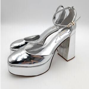Larroude Ari Block Heel Pump Ankle Strap Women's Silver Specchio Size US10 EU41
